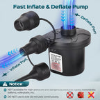 Swtroom Air Pump with 3 Nozzles Electric Air Pump Portable Quick-Fill Inflator Pumps for Air Mattress Beds, Airbed, Inflatable Pool Float, Black
