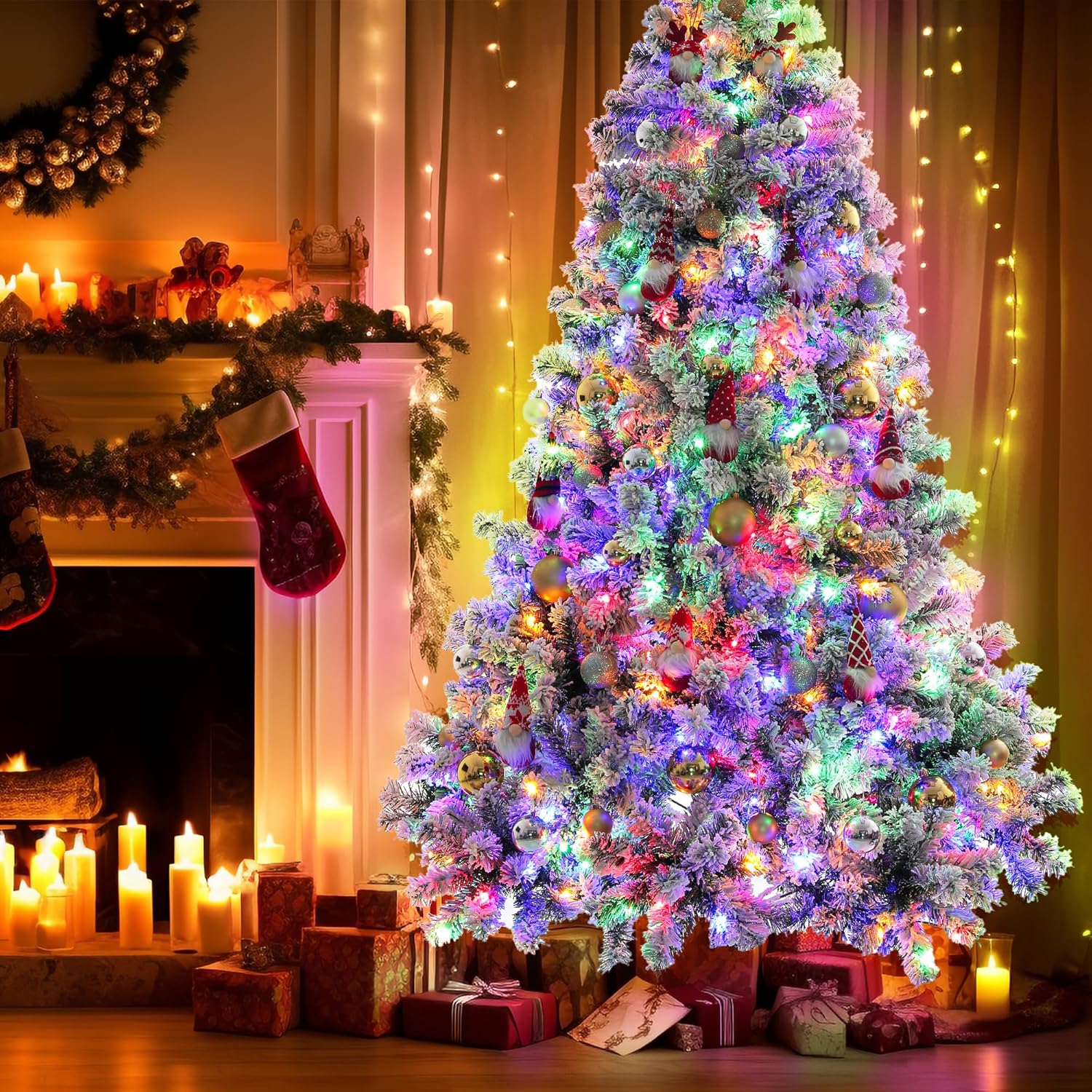 7.5ft Pre-Lit Christmas Tree, Artificial Snow Flocked Pine Tree with 400 Warm-White & Multicolored Lights, 9 Light Sequences, Metal Base & Hinges for Home, Office, Party Decoration