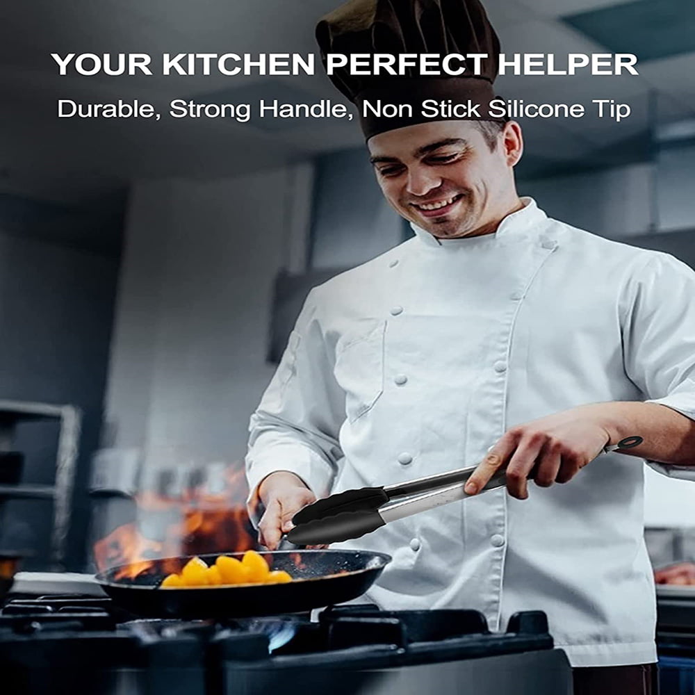 Kitchen Tongs Stainless Steel Cooking Tongs with Silicone Tips Heat Resistant Food Tongs for Cooking Grilling Turning set of 7" 9" and 12" Black