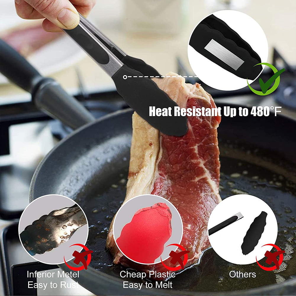 Kitchen Tongs Stainless Steel Cooking Tongs with Silicone Tips Heat Resistant Food Tongs for Cooking Grilling Turning set of 7" 9" and 12" Black