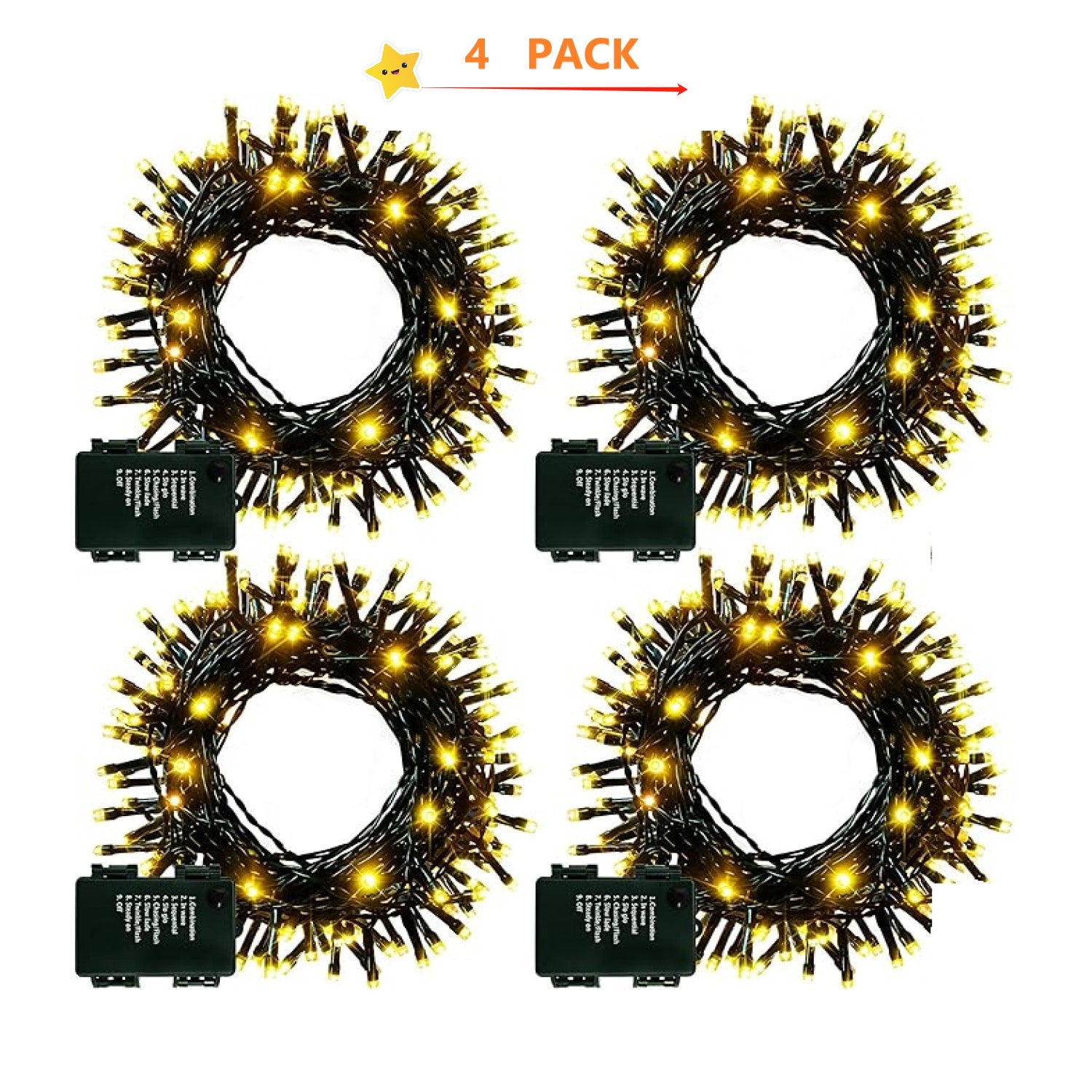4 Pack Christmas Tree String Lights Christmas Fairy Lights Warm White LED with 8 Modes Battery Operated Indoor Outdoor Waterproof Lights