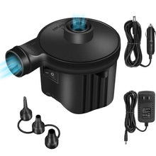Load image into Gallery viewer, Cowin Electric Air Pump Portable Quick-Fill Pump 110V AC / 12V with 3 Nozzles Perfect Inflator/Deflator Pumps for Outdoor Camping, Inflatable Cushions, Air Mattress Beds, Boats, Swimming Ring, Black
