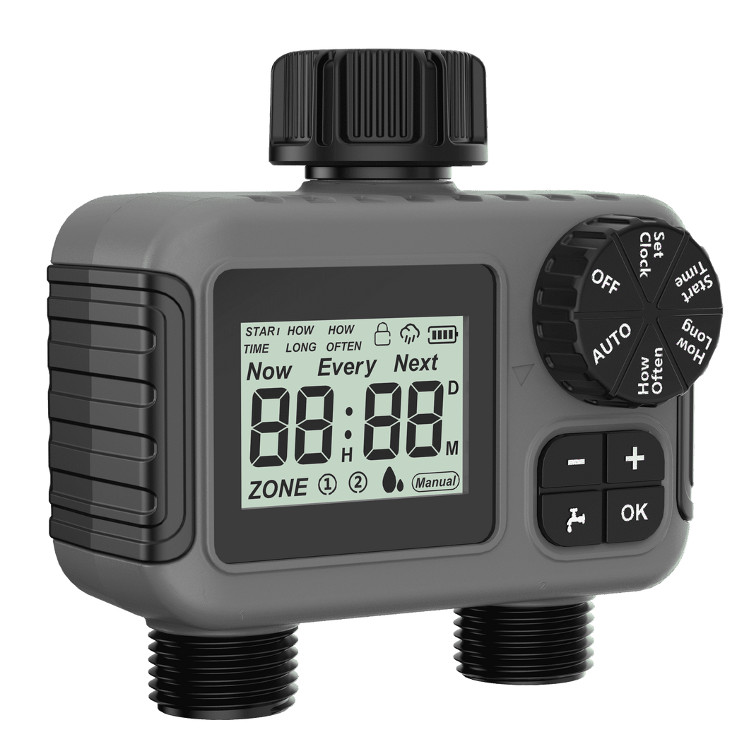 Cowin Sprinkler Timer 2 Outlet, Outdoor Garden Hose Faucet Timers with Rain Delay/Manual/Automatic Watering System, Digital Irrigation Timer for Yard, Gray