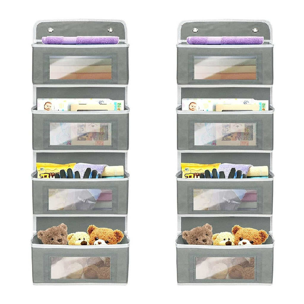 2 Pack 4-Shelf Over Door Hanging Organizer, Wall Mount Storage for Bedroom, Hanging Closet Organizer with Clear Window and Large Capacity PVC Pocket for Home Storage, Grey