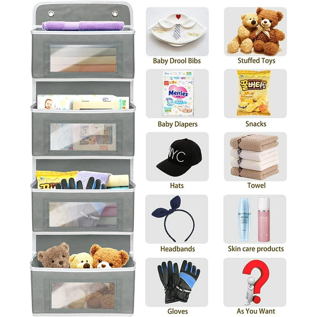 2 Pack 4-Shelf Over Door Hanging Organizer, Wall Mount Storage for Bedroom, Hanging Closet Organizer with Clear Window and Large Capacity PVC Pocket for Home Storage, Grey