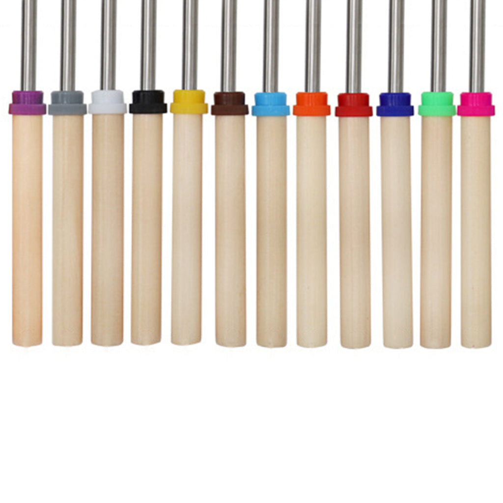 12 Pcs Roasting Sticks Wooden Handle, Extendable Stainless Steel Marshmallow Roasting Sticks Telescoping Forks, Campfire Sticks, 32in Smores Sticks, Telescoping Skewers for Campfire, BBQ