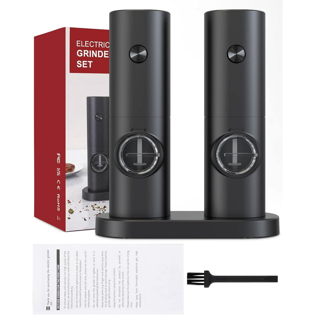 2 Pack Electric Salt and Pepper Grinder Set, Battery powered - Automatic Salt Pepper Mill Grinder, Adjustable Coarseness, with LED Light, One-Hand Operation for Kitchen BBQ, Black