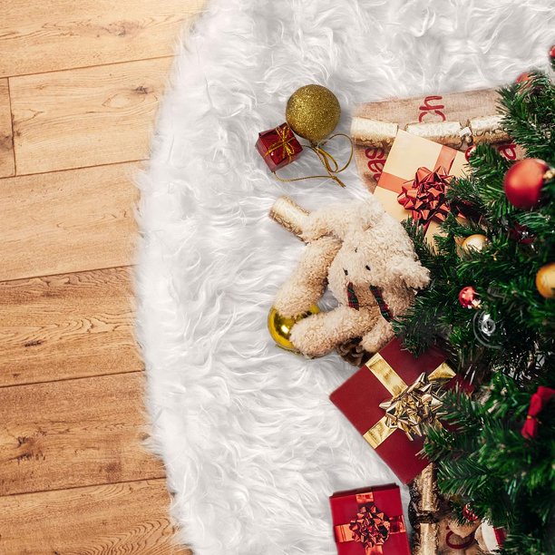 48inch Christmas Tree Skirt Fur Xmas Tree Skirt Christmas Decorations Holiday Tree Ornaments Tree Mat Base Cover for Christmas Home Party Decorations, White