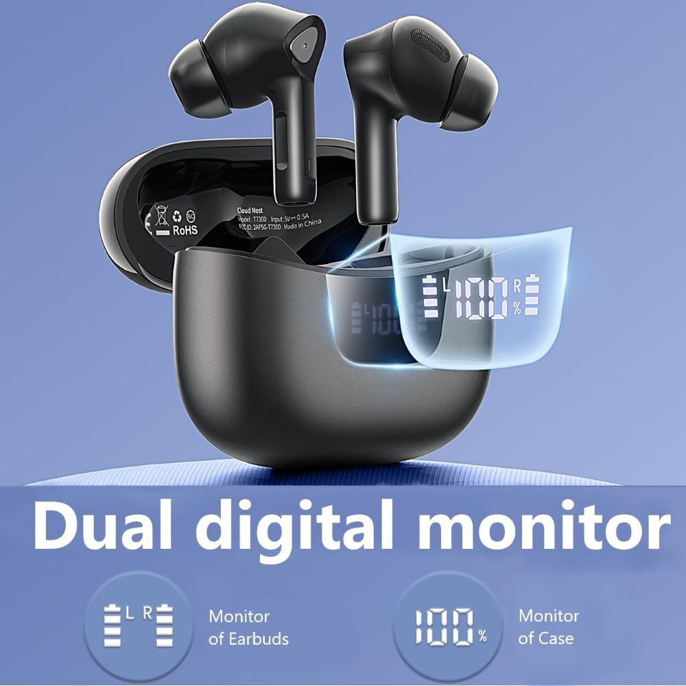 True Wireless Bluetooth Earbuds with Smart LED Display Charging Case , Bluetooth 5.0 Earbuds in-Ear TWS Stereo Headphones, IPX7 Waterproof in Ear Earphones, Black