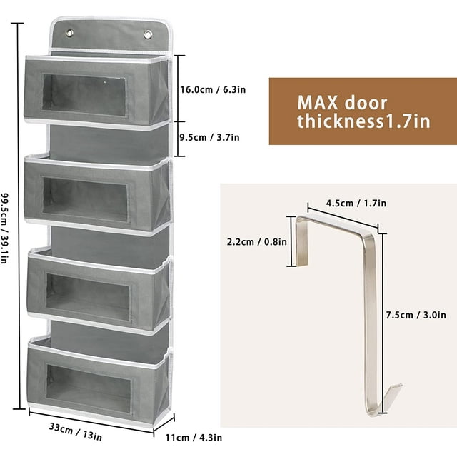 2 Pack 4-Shelf Over Door Hanging Organizer, Wall Mount Storage for Bedroom, Hanging Closet Organizer with Clear Window and Large Capacity PVC Pocket for Home Storage, Grey