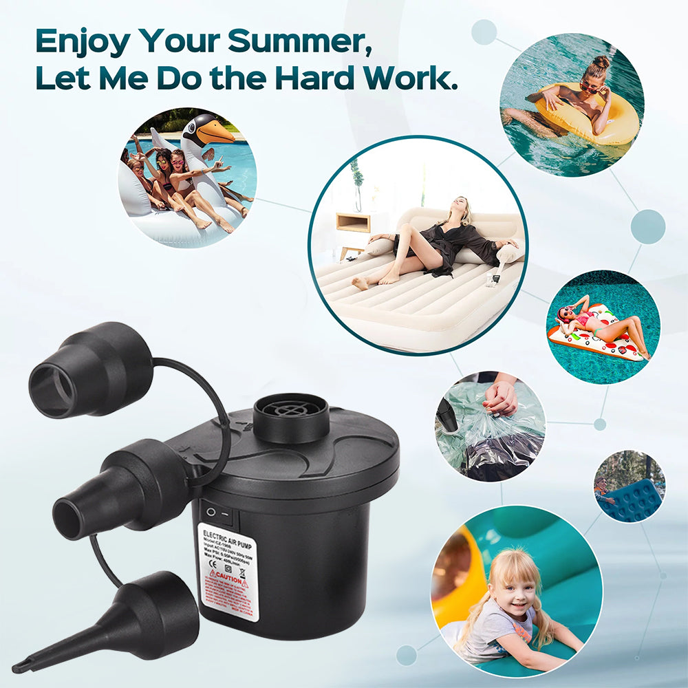 Swtroom Air Pump with 3 Nozzles Electric Air Pump Portable Quick-Fill Inflator Pumps for Air Mattress Beds, Airbed, Inflatable Pool Float, Black