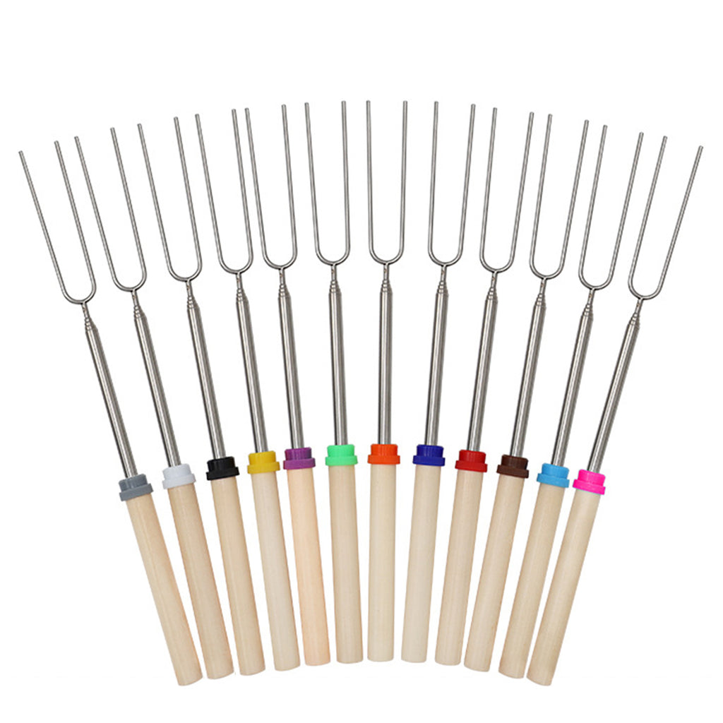 12 Pcs Roasting Sticks Wooden Handle, Extendable Stainless Steel Marshmallow Roasting Sticks Telescoping Forks, Campfire Sticks, 32in Smores Sticks, Telescoping Skewers for Campfire, BBQ