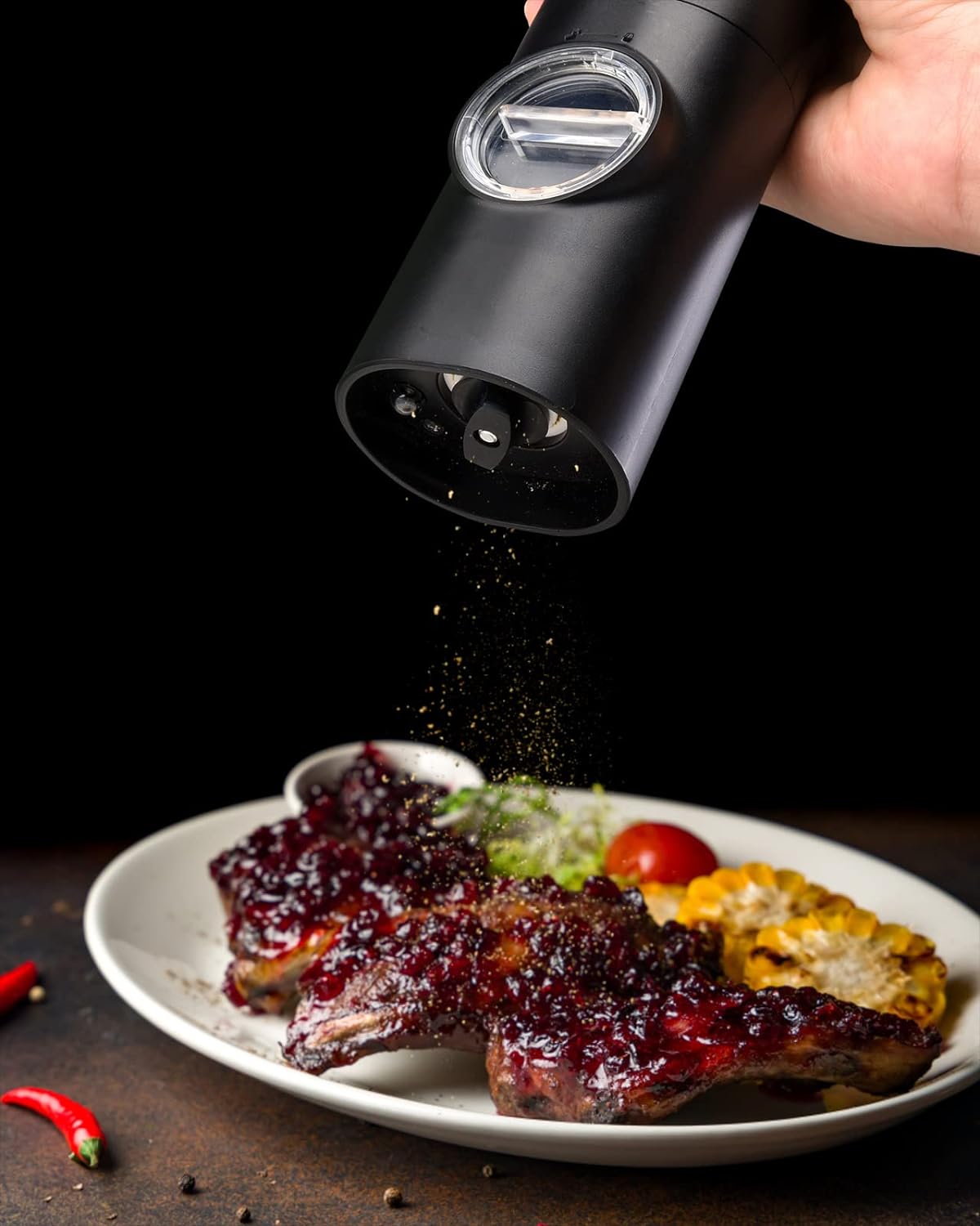 2 Pack Electric Salt and Pepper Grinder Set, Battery powered - Automatic Salt Pepper Mill Grinder, Adjustable Coarseness, with LED Light, One-Hand Operation for Kitchen BBQ, Black