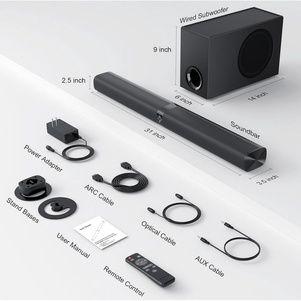 Sound Bar for Smart TV, 120W Sound Bar with Subwoofer, 5.0 Bluetooth Soundbar for TV with Deep Bass & Volume Boost & 3 Equalizer Modes, ARC/Opt/AUX, 2 in 1 Detachable TV Sound Bar, Black