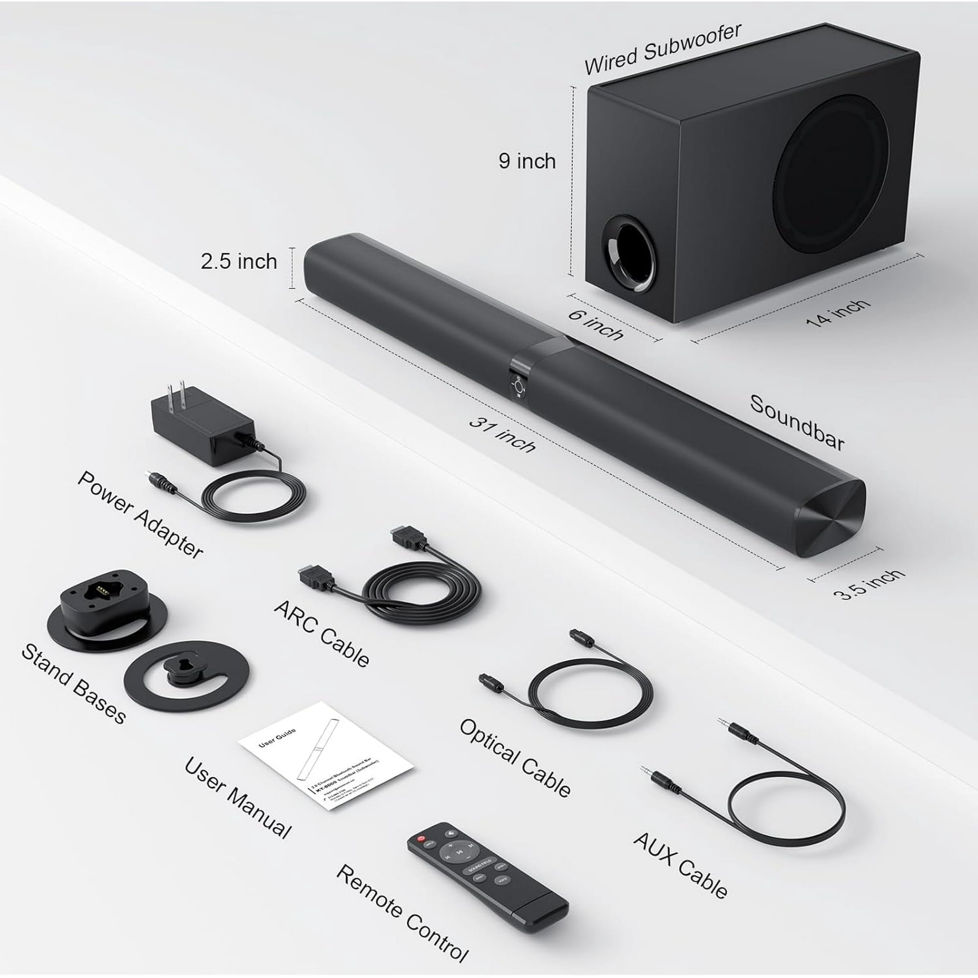 Sound Bar for Smart TV, 120W Sound Bar with Subwoofer, 5.0 Bluetooth Soundbar for TV with Deep Bass & Volume Boost & 3 Equalizer Modes, ARC/Opt/AUX, 2 in 1 Detachable TV Sound Bar, Black