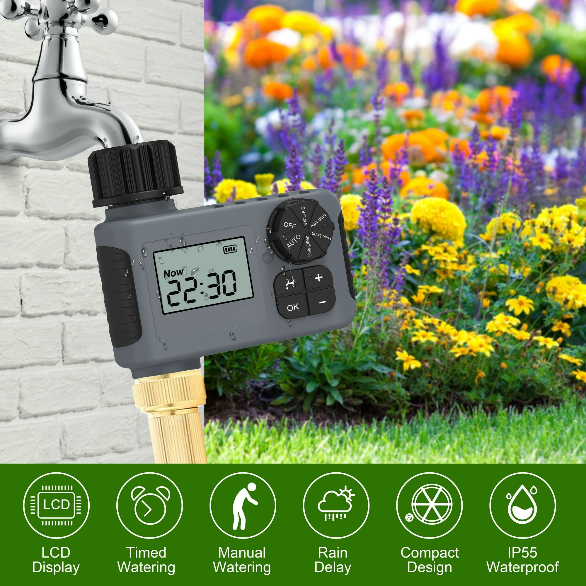 Cowin Sprinkler Timer, Outdoor Garden Hose Faucet Timers with Rain Delay/Manual/Automatic Watering System, Digital Irrigation Timer for Yard, 1 Outlet, Gray