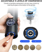 2 Pack Electric Salt and Pepper Grinder Set, Battery powered - Automatic Salt Pepper Mill Grinder, Adjustable Coarseness, with LED Light, One-Hand Operation for Kitchen BBQ, Black