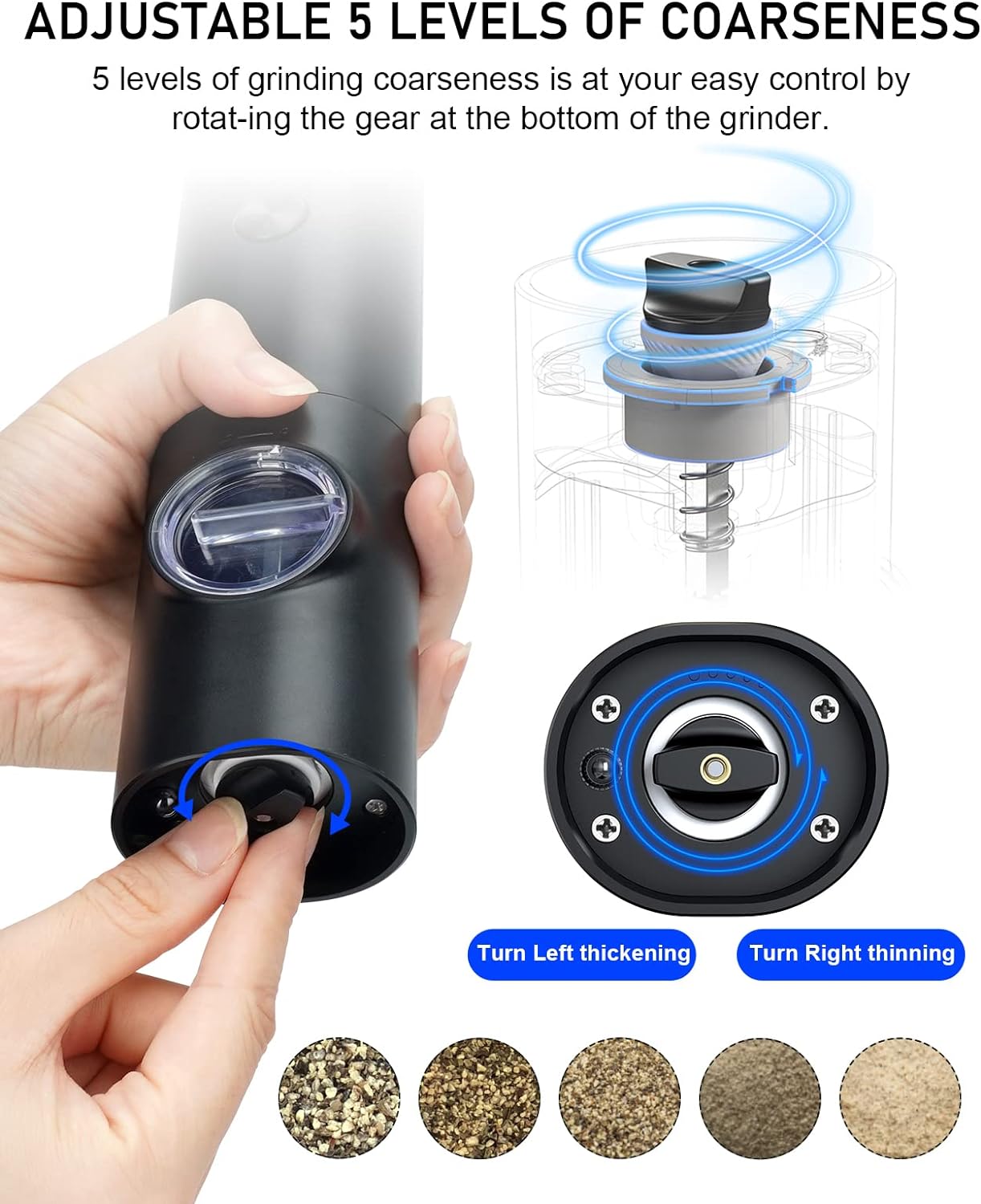 2 Pack Electric Salt and Pepper Grinder Set, Battery powered - Automatic Salt Pepper Mill Grinder, Adjustable Coarseness, with LED Light, One-Hand Operation for Kitchen BBQ, Black