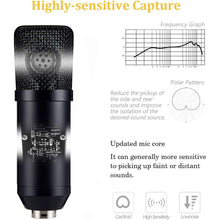 Load image into Gallery viewer, Condenser Microphone Computer Mic Kit Professional Studio Recording Bundle for Streaming Gaming Broadcasting Singing Videos with Arm Stand Shock Mount Pop Filter and Sound Adapter

