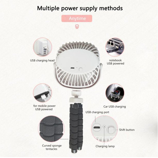 Portable Battery Powered Stroller Fan,Mini Handheld Personal USB Fan,Car Seat Baby Fan with Flexible Tripod,360°Camping Rotatable，Carseat, Bike, Beach, Bedroom