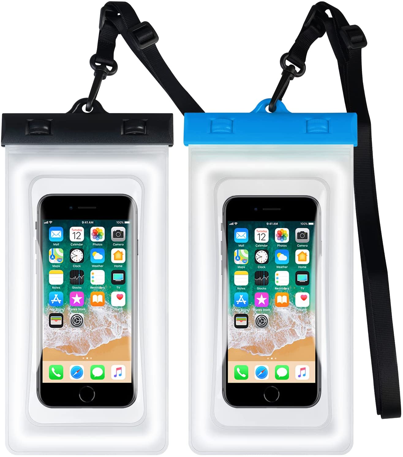Waterproof Phone Bag IPX8 Cell Phone Pouch for Swimmers Divers Outdoor Beach Pool Shower Bath Hot Tub Water-activity, with Airbag Protection & Secure Lock, Compatible with iPhone/Samsung Galaxy up to 7.0 IN (Black+Blue)