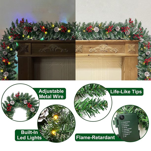 9ft Pre-Lit Christmas Garland with 50 Waterproof LED Light and Pine Cones and Berries, Battery Operated Garland 220 Branches Christmas Decoration for Xmas Holiday & Party (4.7) 4.7 stars out of 57 reviews 57 reviews