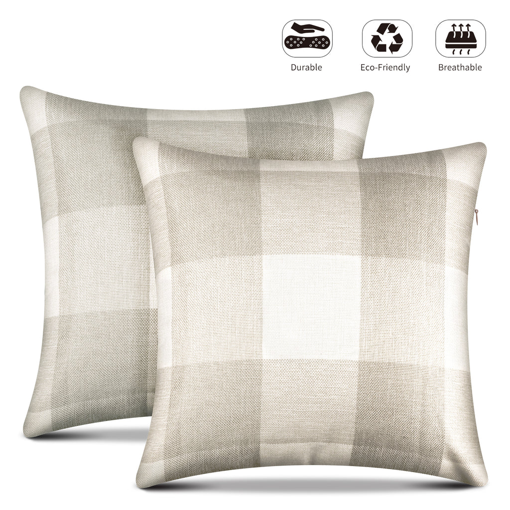 Throw Pillow Covers – Set of 2 Farmhouse Decorative Pillowcases for Home Decor, Sofa, Bedroom, Car, 100% Linen Cushion Case with Plaids on Both Sides, 18 x 18 Inch