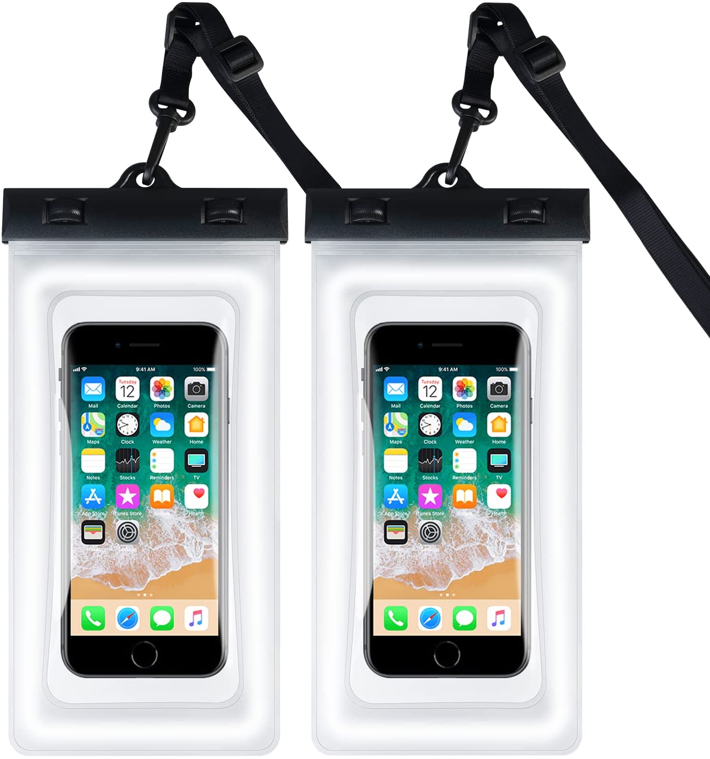Waterproof Phone Bag IPX8 Cell Phone Pouch for Swimmers Divers Outdoor Beach Pool Shower Bath Hot Tub Water-activity, with Airbag Protection & Secure Lock, Compatible with iPhone/Samsung Galaxy up to 7.0 IN (2 PCs in Black)