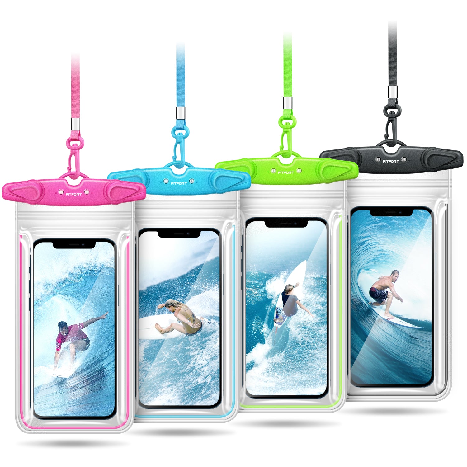 Universal Waterproof Phone Case Bag, FITFORT 4-Pack IPX8 Waterproof Phone Lanyard Pouch Compatible with iPhone 12/11 Pro Max/Pro/8 Plus, Galaxy S21/S20/S10/Note 20/10/9, OnePlus Phones up to 6.9"