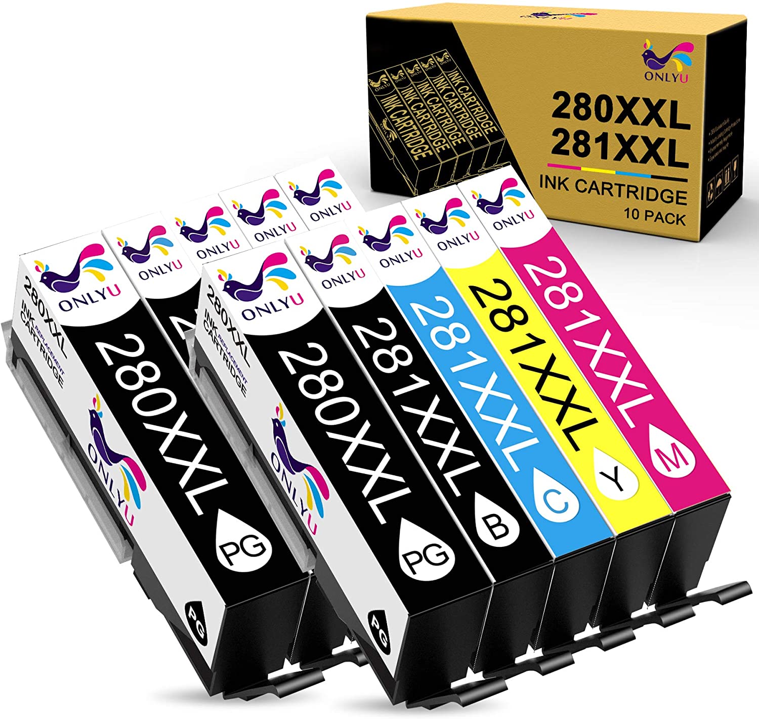 ONLYU Compatible Ink Cartridge Replacement for Canon 280 281 PGI 280 XXL CLI 281 XXL for PIXMA TR8520 TR7520 TS6120 TS6220 TS6320 TS8120 TS8220 TS9120 TS9520 TS9521C TS702 Printer (10 Pack)