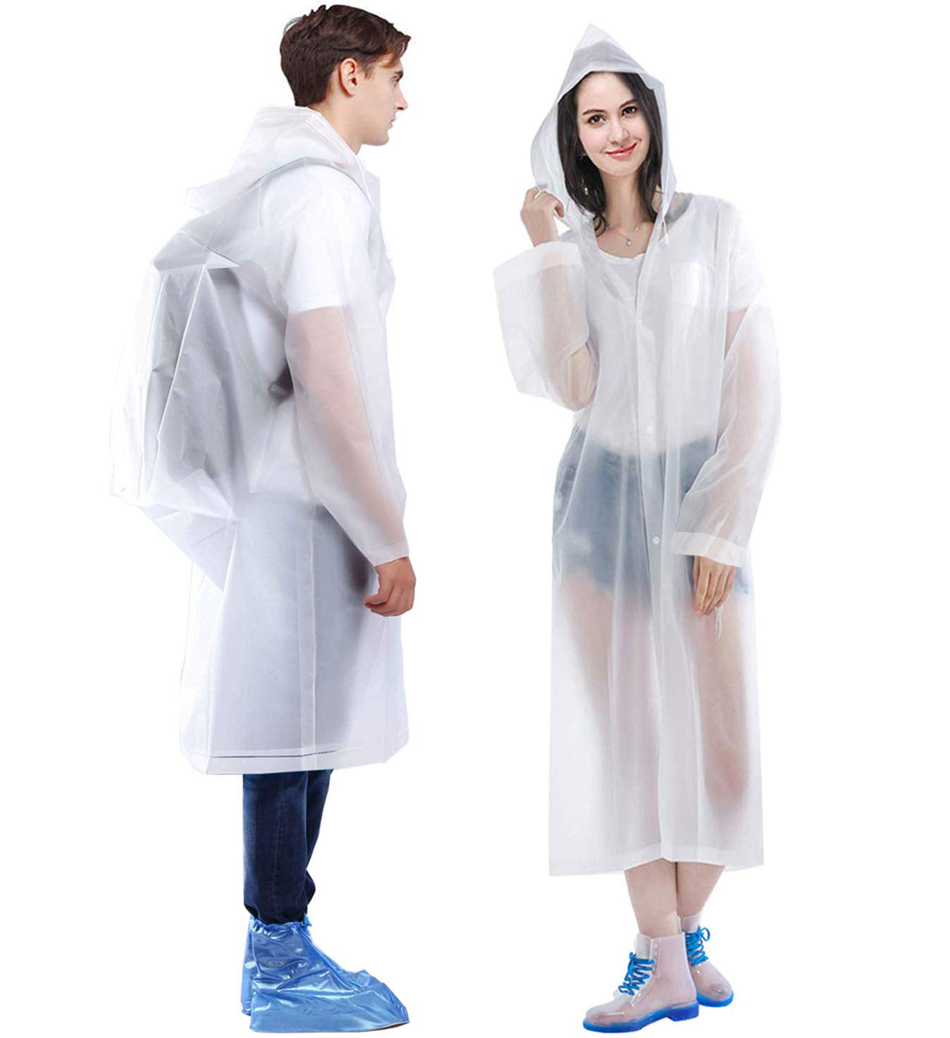 EVA Rain Poncho for Adults, 2 Pack Reusable Raincoat with Hoods and Sleeves Lightweight Rain, White
