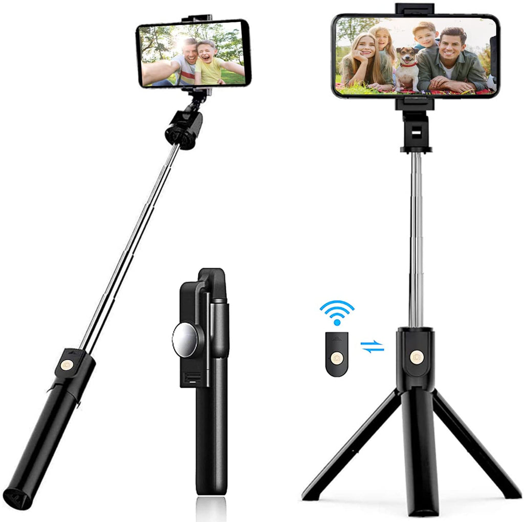 Selfie Stick Tripod with Remote, Extendable Selfie Stick Tripod with LED Ring Light, Detachable Remote, Black