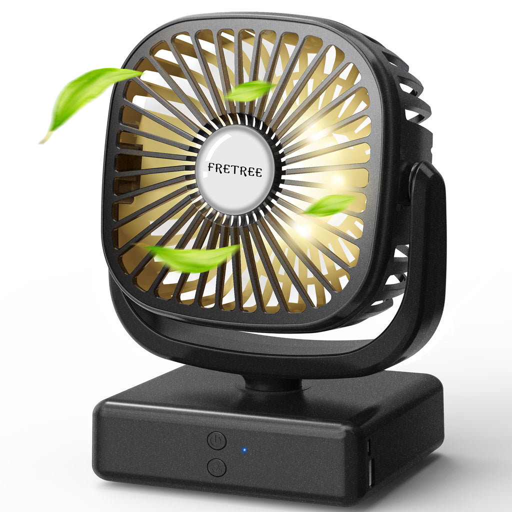 FRETREE Outdoor Desk Fan, Portable Battery Operated Camping Fan with LED Lantern, 5200mAh Battery, 140° Auto Oscillation, Natural Wind, and Hanging Hook for Home Office Outdoor Camping