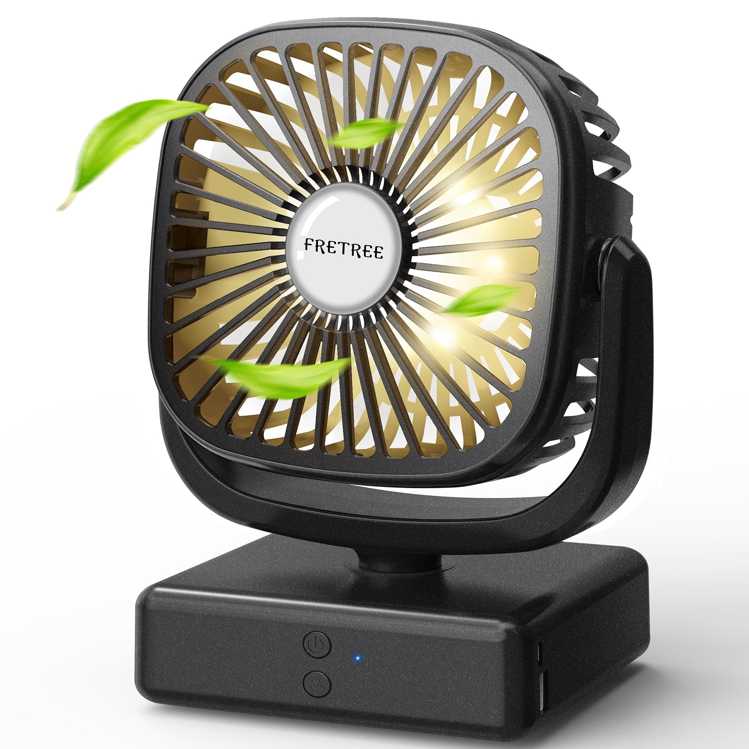 FRETREE Outdoor Desk Fan, Portable Battery Operated Camping Fan with LED Lantern, 5200mAh Battery, 140° Auto Oscillation, Natural Wind, and Hanging Hook for Home Office Outdoor Camping