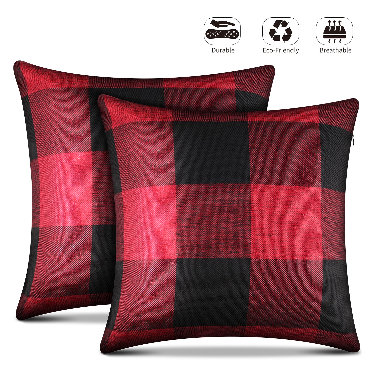 Buffalo Check Throw Pillow Covers – Set of 2 Farmhouse Decorative Pillowcases for Home Decor, Sofa, Bedroom, Car, 100% Linen Cushion Case with Plaids on Both Sides, 18 x 18 Inch