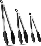 Kitchen Tongs Stainless Steel Cooking Tongs with Silicone Tips Heat Resistant Food Tongs for Cooking Grilling Turning set of 7" 9" and 12" Black