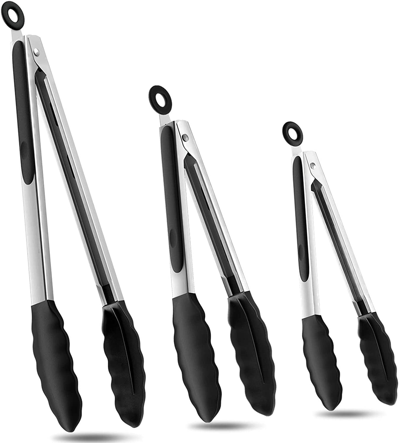 Kitchen Tongs Stainless Steel Cooking Tongs with Silicone Tips Heat Resistant Food Tongs for Cooking Grilling Turning set of 7" 9" and 12" Black