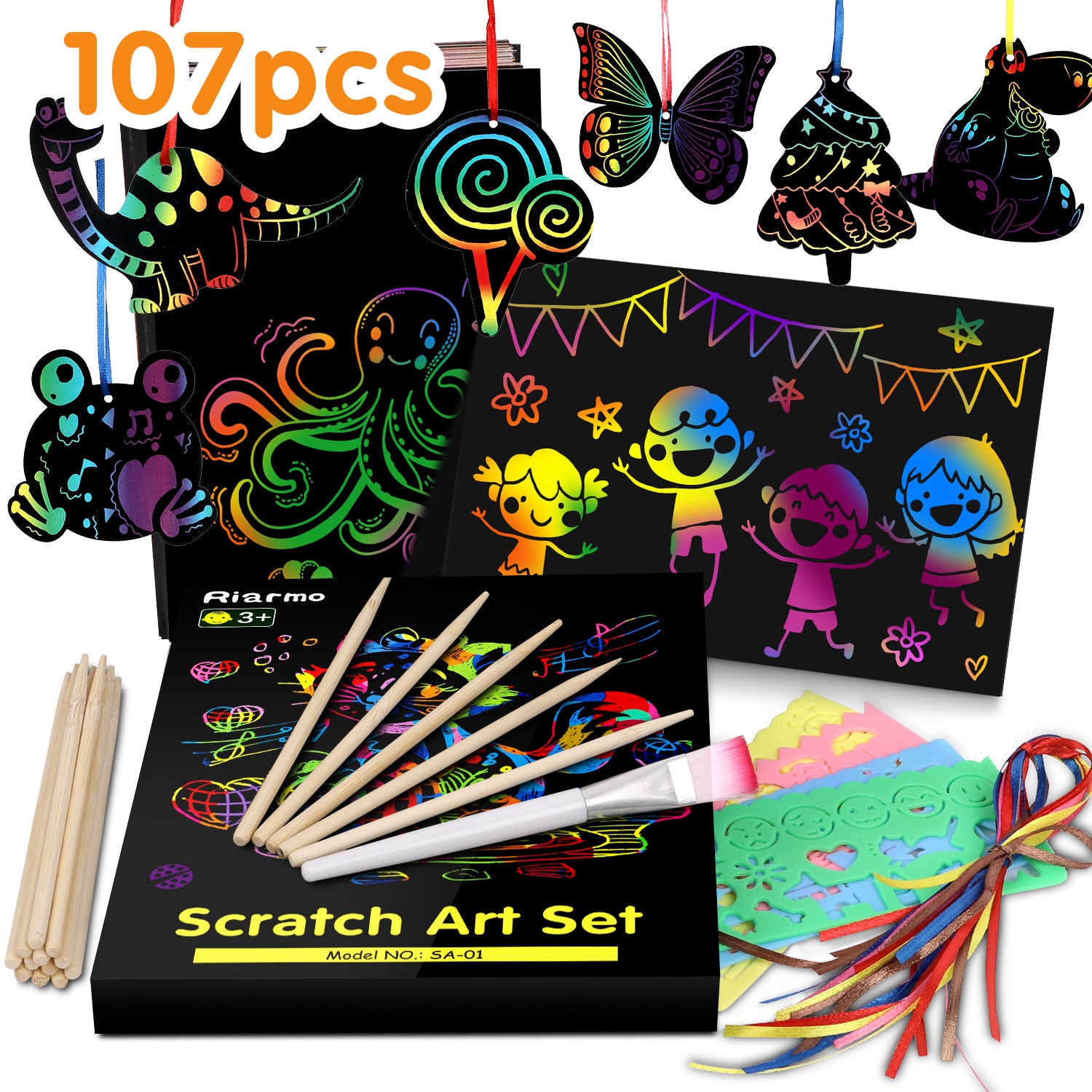 Riarmo Scratch Art Paper Set for Kids, 107 Pcs Rainbow Magic Scratch Off Paper Art Craft for Boys & Girls, Fun Imagination Trigger Game for Children’s Summer Vacation, Birthday, and Party Gift