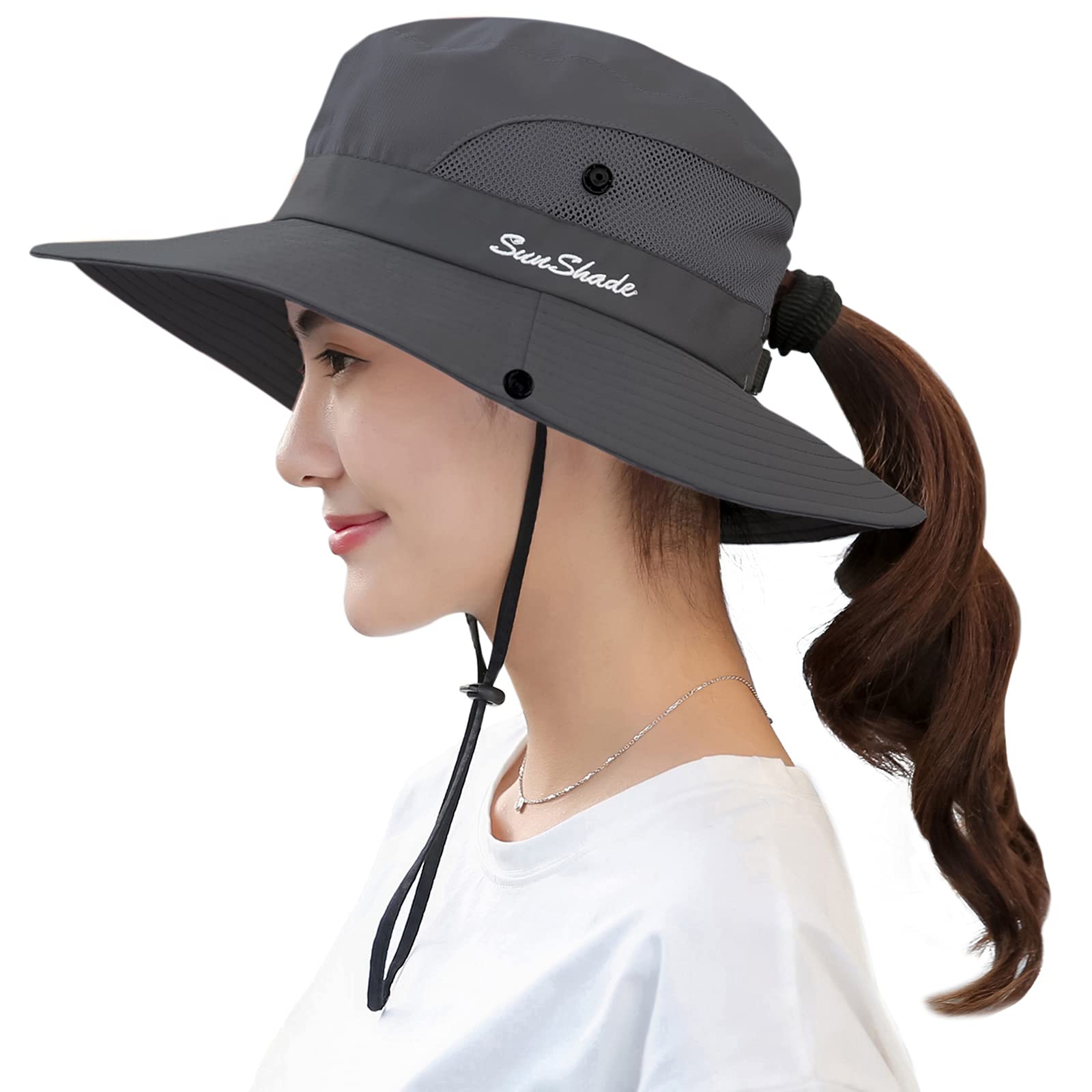 Women's Ponytail Sun Hat Protection Foldable Mesh Wide Brim Beach Adjustable Fishing Hat, Grey