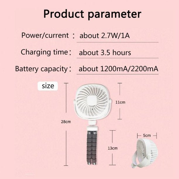 Portable Battery Powered Stroller Fan,Mini Handheld Personal USB Fan,Car Seat Baby Fan with Flexible Tripod,360°Camping Rotatable，Carseat, Bike, Beach, Bedroom