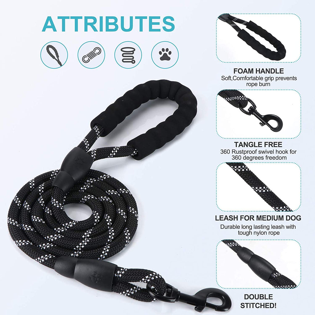 Rope Dog Leash 6FT with Comfortable Padded Handle, Highly Reflective Threads Strong Dog Leash for Puppies Small Medium and Large Dogs
