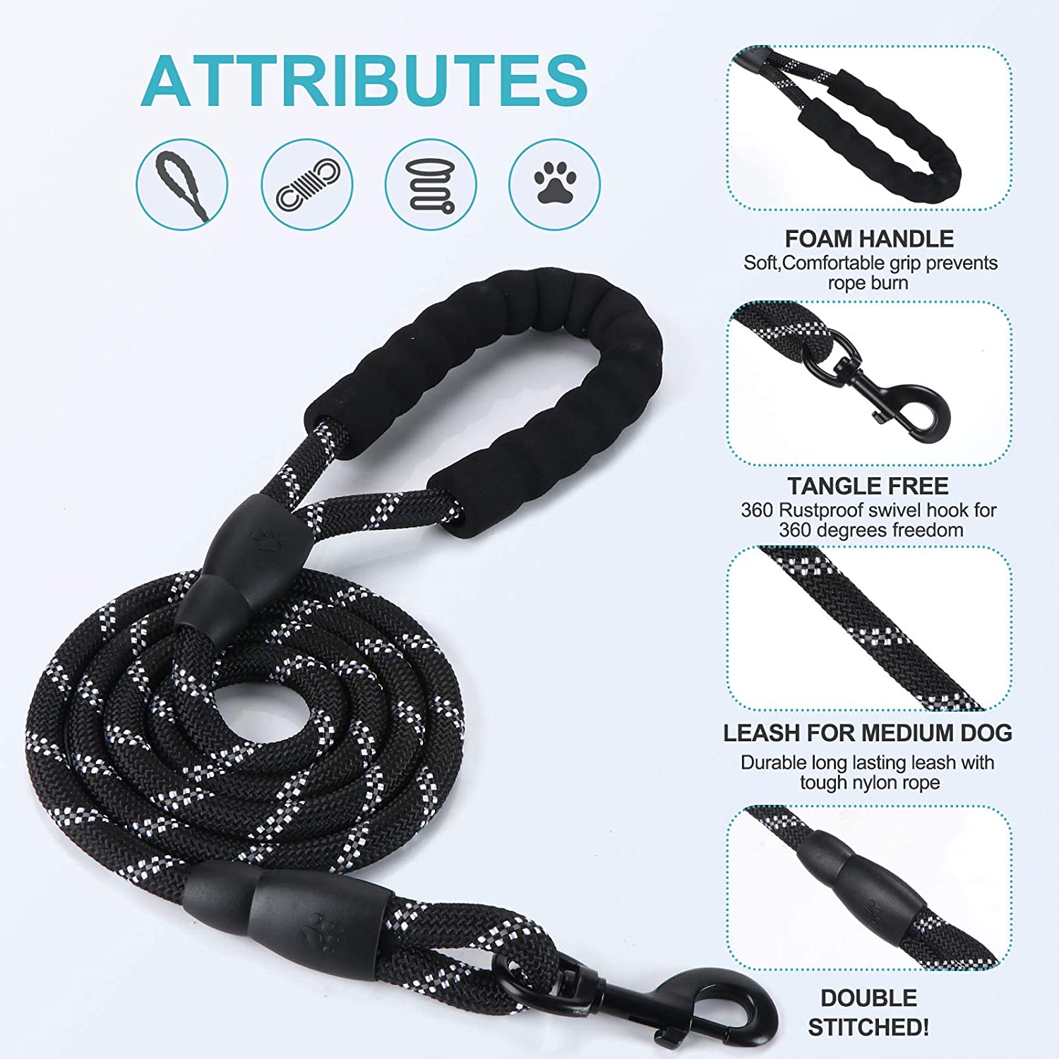 Rope Dog Leash 6FT with Comfortable Padded Handle, Highly Reflective Threads Strong Dog Leash for Puppies Small Medium and Large Dogs