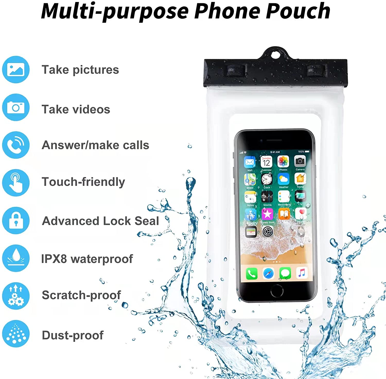 Waterproof Phone Bag IPX8 Cell Phone Pouch for Swimmers Divers Outdoor Beach Pool Shower Bath Hot Tub Water-activity, with Airbag Protection & Secure Lock, Compatible with iPhone/Samsung Galaxy up to 7.0 IN (2 PCs in Black)