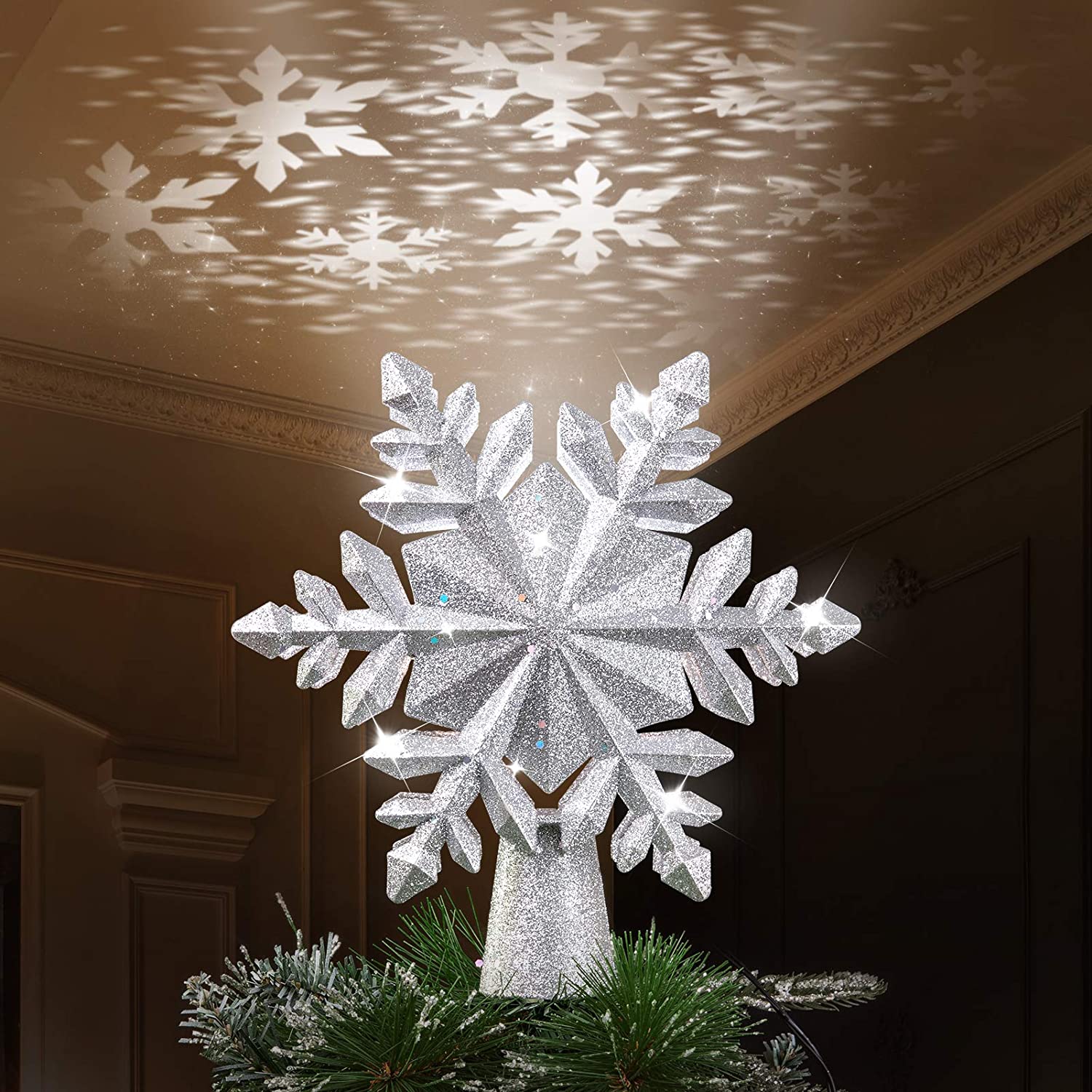 Christmas Tree Topper, 9.6” Snowflake Tree Toppers Lighted Indoor with Rotating 3D Silver Snowflake LED Projector Hollow Glitter Lighted for Tree Christmas Decorations Holiday Ornaments
