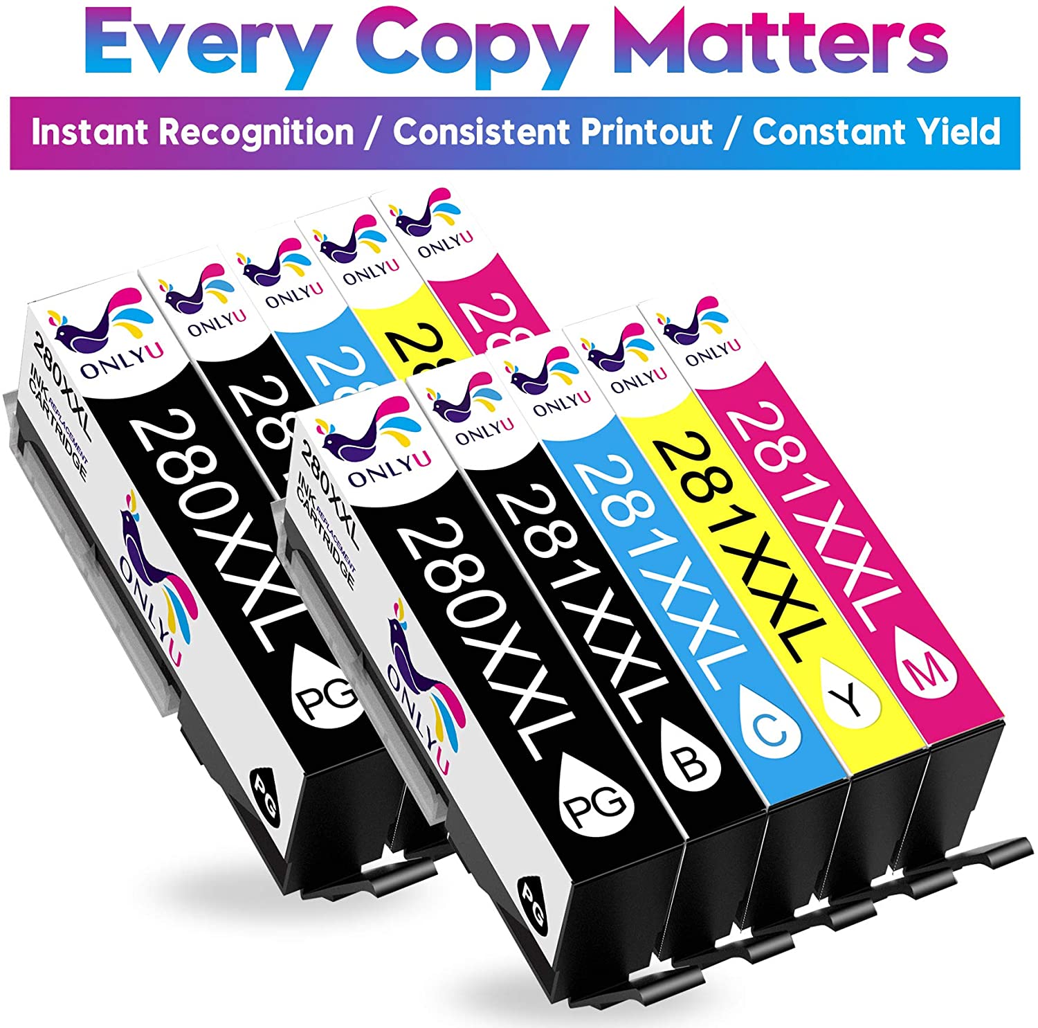 ONLYU Compatible Ink Cartridge Replacement for Canon 280 281 PGI 280 XXL CLI 281 XXL for PIXMA TR8520 TR7520 TS6120 TS6220 TS6320 TS8120 TS8220 TS9120 TS9520 TS9521C TS702 Printer (10 Pack)