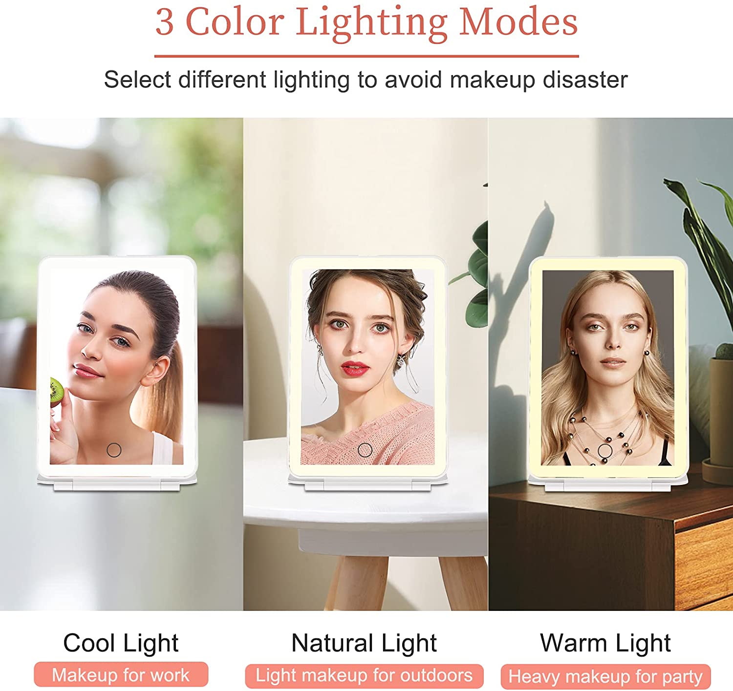 Folding Travel Mirror Lighted Makeup Mirror with 60 LEDs 3 Colors Light Modes USB Rechargable 1000mA Batteries Portable Ultra Thin Compact Vanity Mirror with Touch Screen