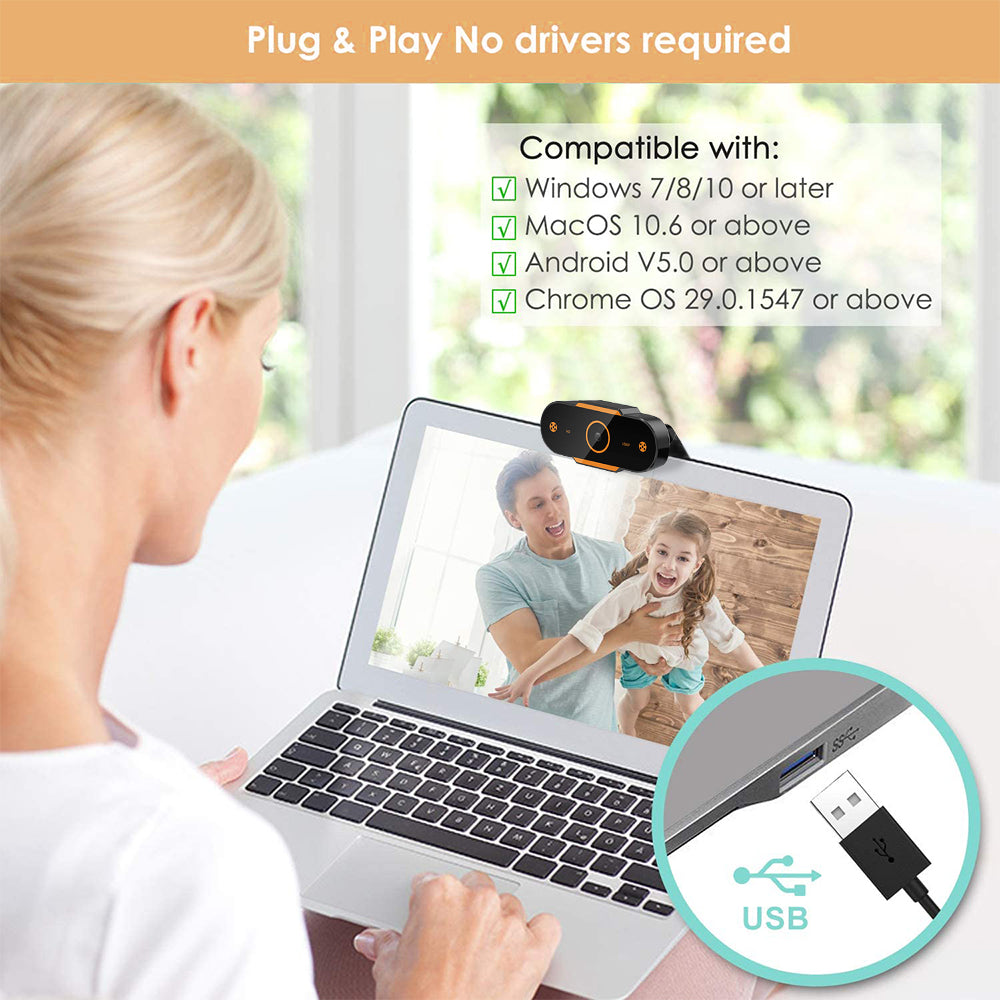 Webcam with Microphone, 1080P HD USB Webcam for Computer Laptop with 110° Wide Angle, Noise Reduction Portable Live Streaming Camera, Plug and Play, Black