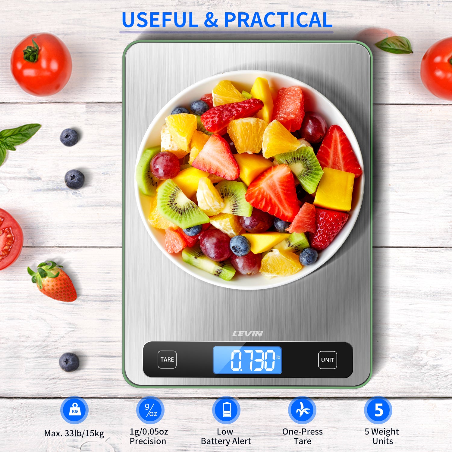 Food Scale 33lb Digital Kitchen Scale with 1g/0.05oz Precise Graduation, 5 Units LCD Display Scale for Cooking/Baking in KG, G, oz, ml, and lb, Easy Clean Stainless Steel and Tempered Glass