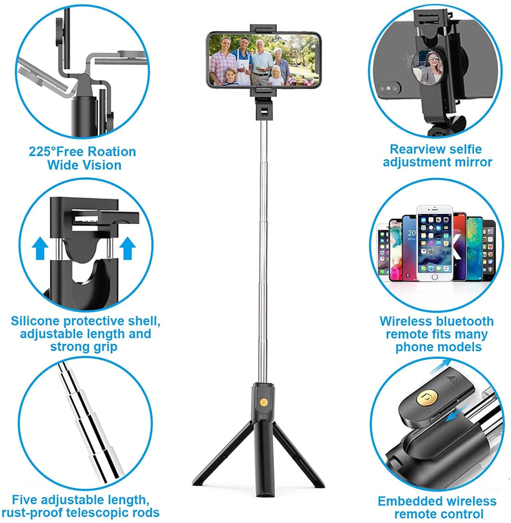 Selfie Stick Tripod with Remote, Extendable Selfie Stick Tripod with LED Ring Light, Detachable Remote, Black