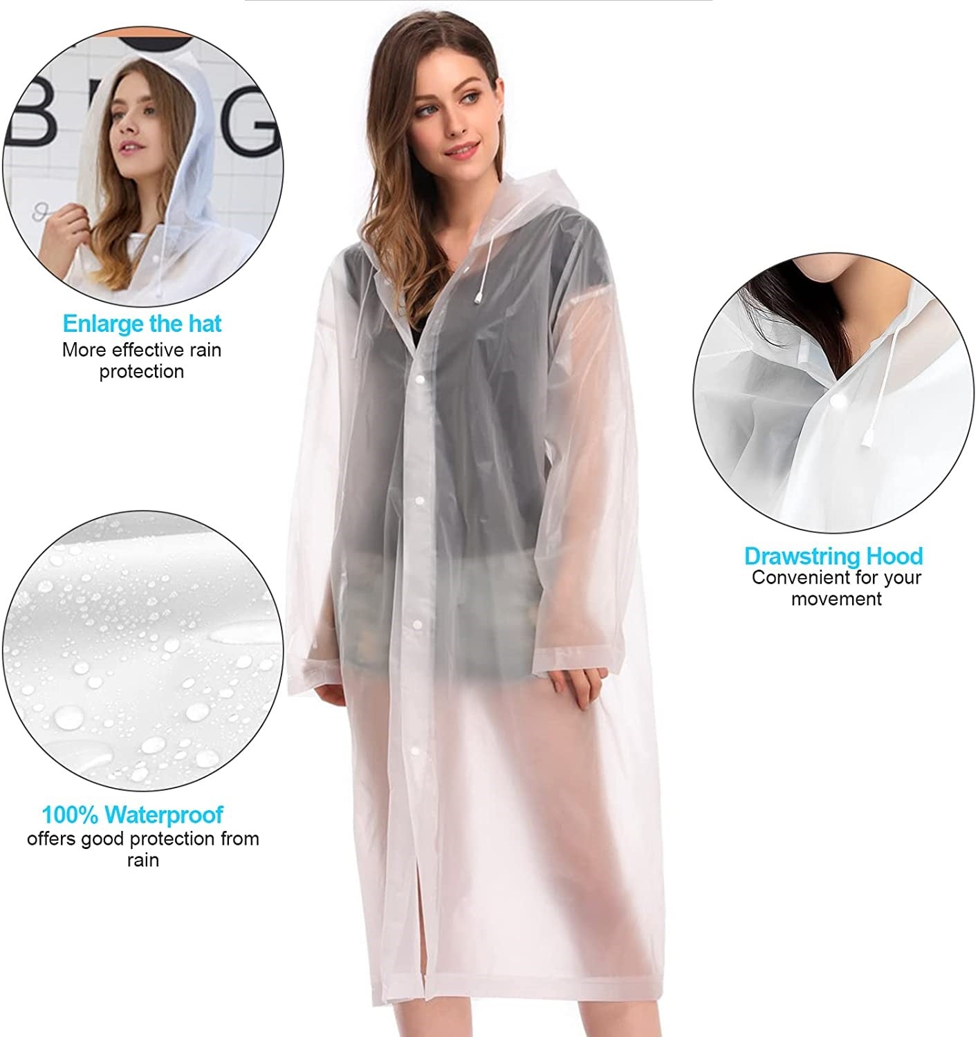 EVA Rain Poncho for Adults, 2 Pack Reusable Raincoat with Hoods and Sleeves Lightweight Rain, White